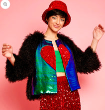 Load image into Gallery viewer, Black Knitted Bamboo Red Heart Sequin & Faux Mongolian Fur Jacket