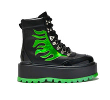 Load image into Gallery viewer, Cha Cha Cha Green Holographic Flame Boots
