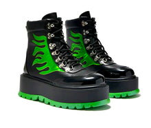 Load image into Gallery viewer, Cha Cha Cha Green Holographic Flame Boots