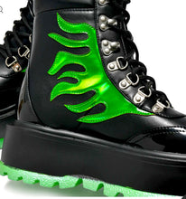 Load image into Gallery viewer, Cha Cha Cha Green Holographic Flame Boots