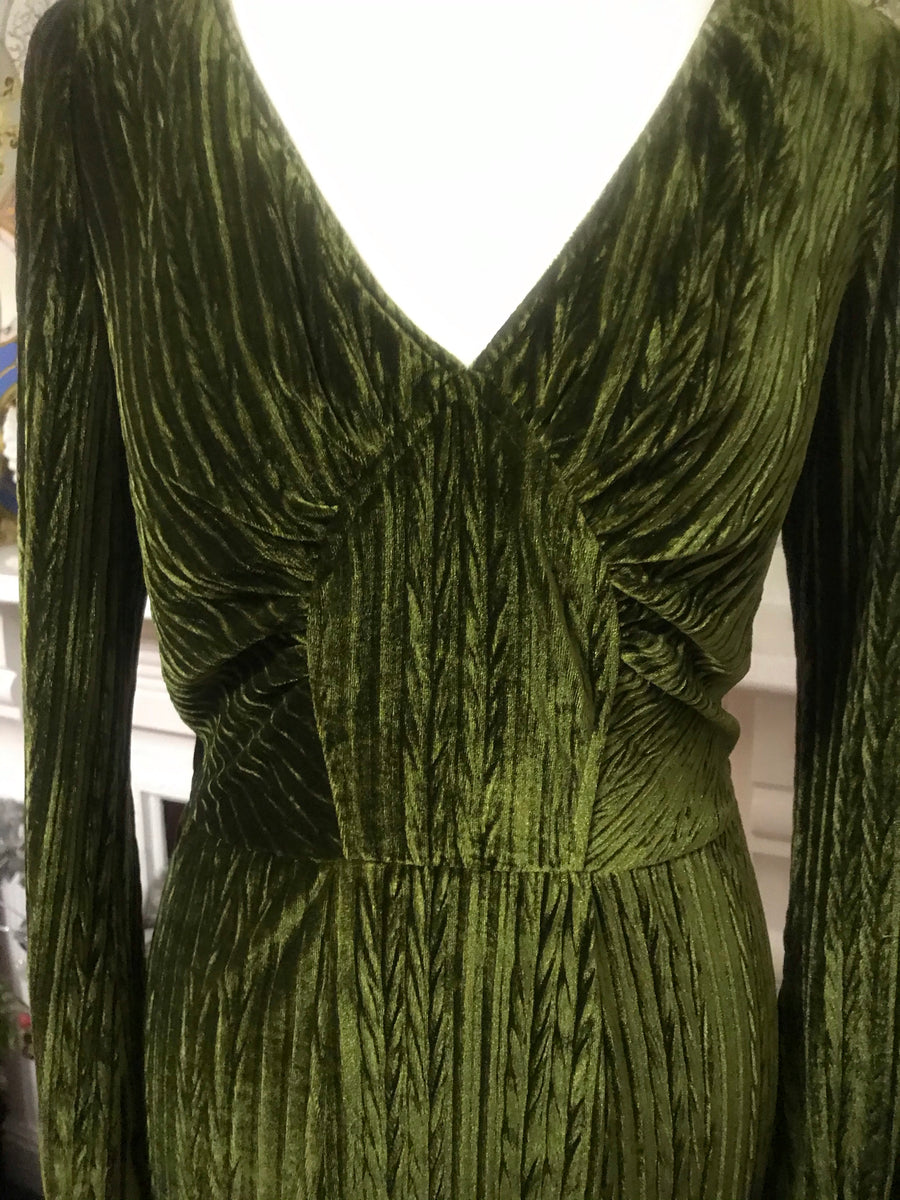 Vtg 1990s Cachet Olive Green Giraffe Textured Velvet Draped Neck Maxi hot Dress S 6