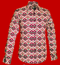 Load image into Gallery viewer, Flowers in the Tile Design Retro 70s style shirt in creme-violet-green
