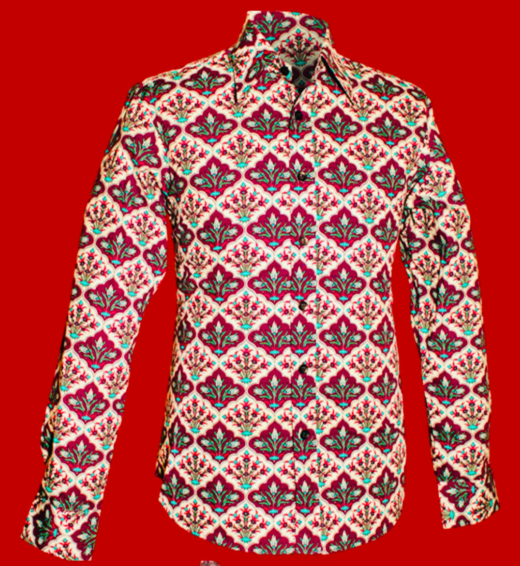 Flowers in the Tile Design Retro 70s style shirt in creme-violet-green