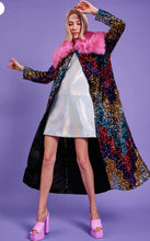 Load image into Gallery viewer, Multi Coloured Bamboo Sequin Maxi Trench Coat with detachable faux fur Collar
