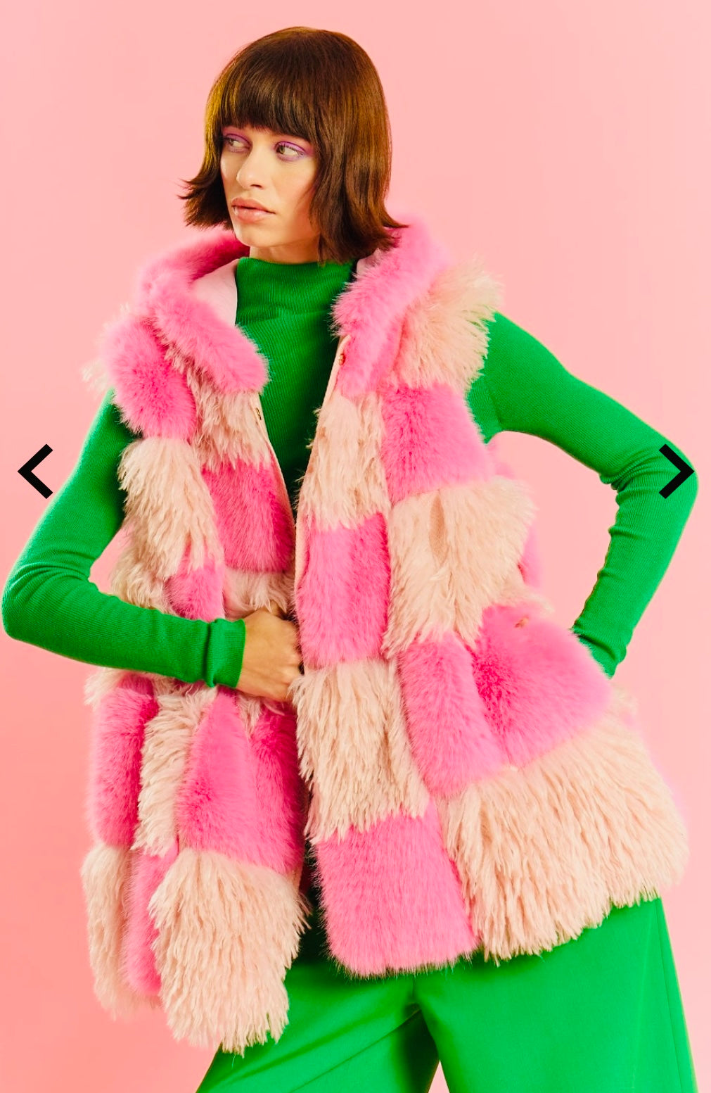 Pink Hand Made Bamboo Faux Fur Check Gilet