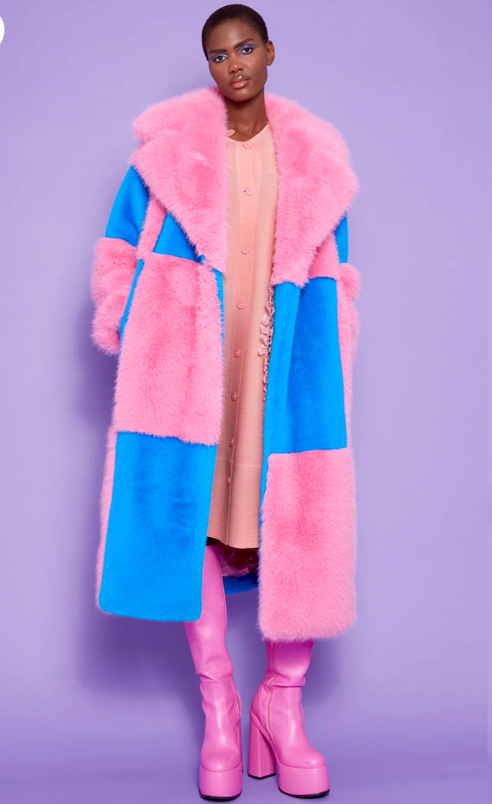 Pink & Blue Checked Bamboo Faux Fur Maxi Coat