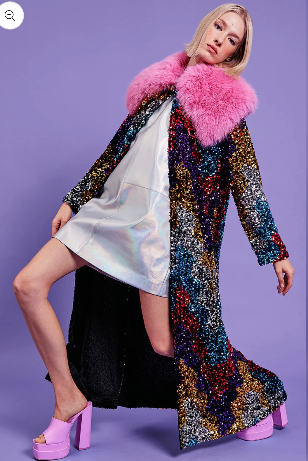 Multi Coloured Bamboo Sequin Maxi Trench Coat with detachable faux fur Collar