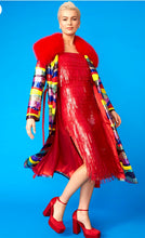 Load image into Gallery viewer, Red Stripe Bamboo Sequin Trench Coat with Detachable Faux Fur Collar
