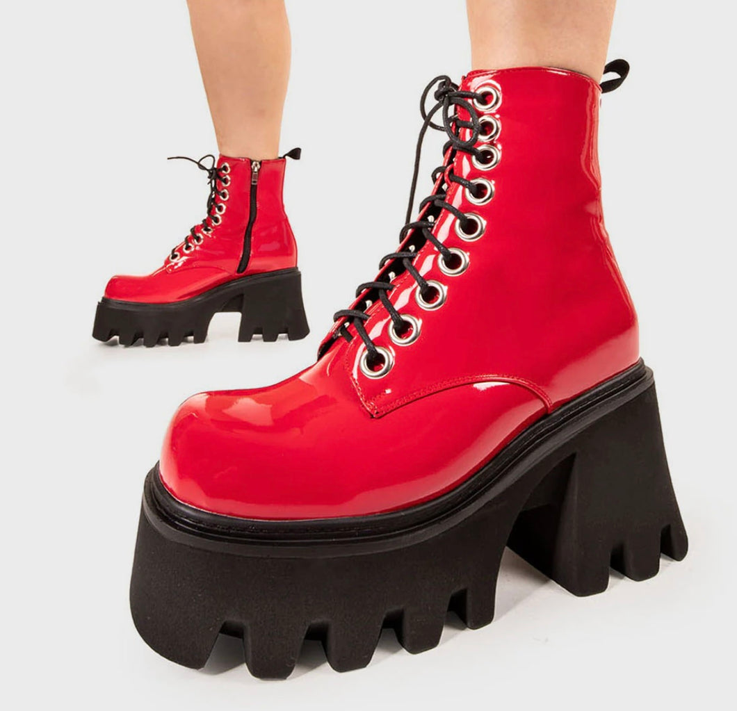 Red Chunky Platform Ankle Boots
