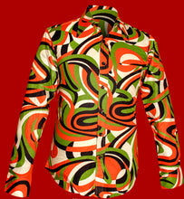 Load image into Gallery viewer, Colourful Waves design Long sleeved Retro 70s Shirt in creme-black -green -orange
