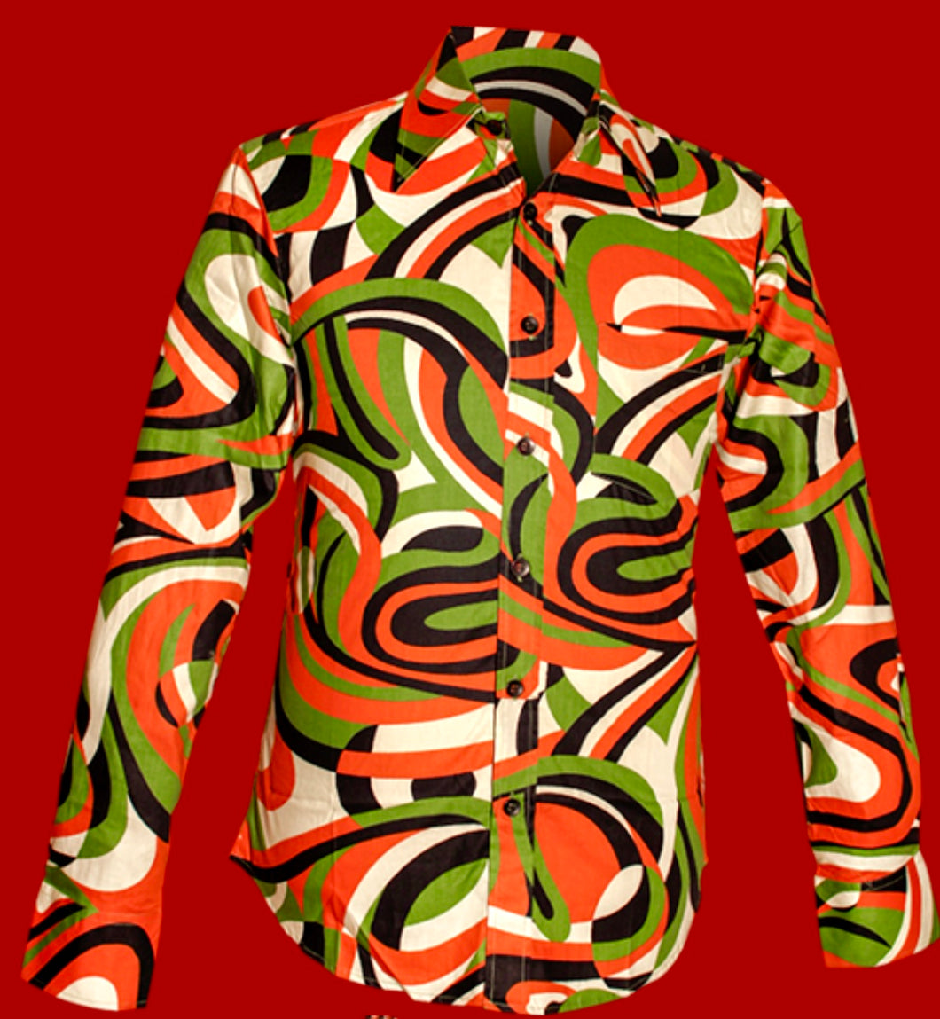 Colourful Waves design Long sleeved Retro 70s Shirt in creme-black -green -orange