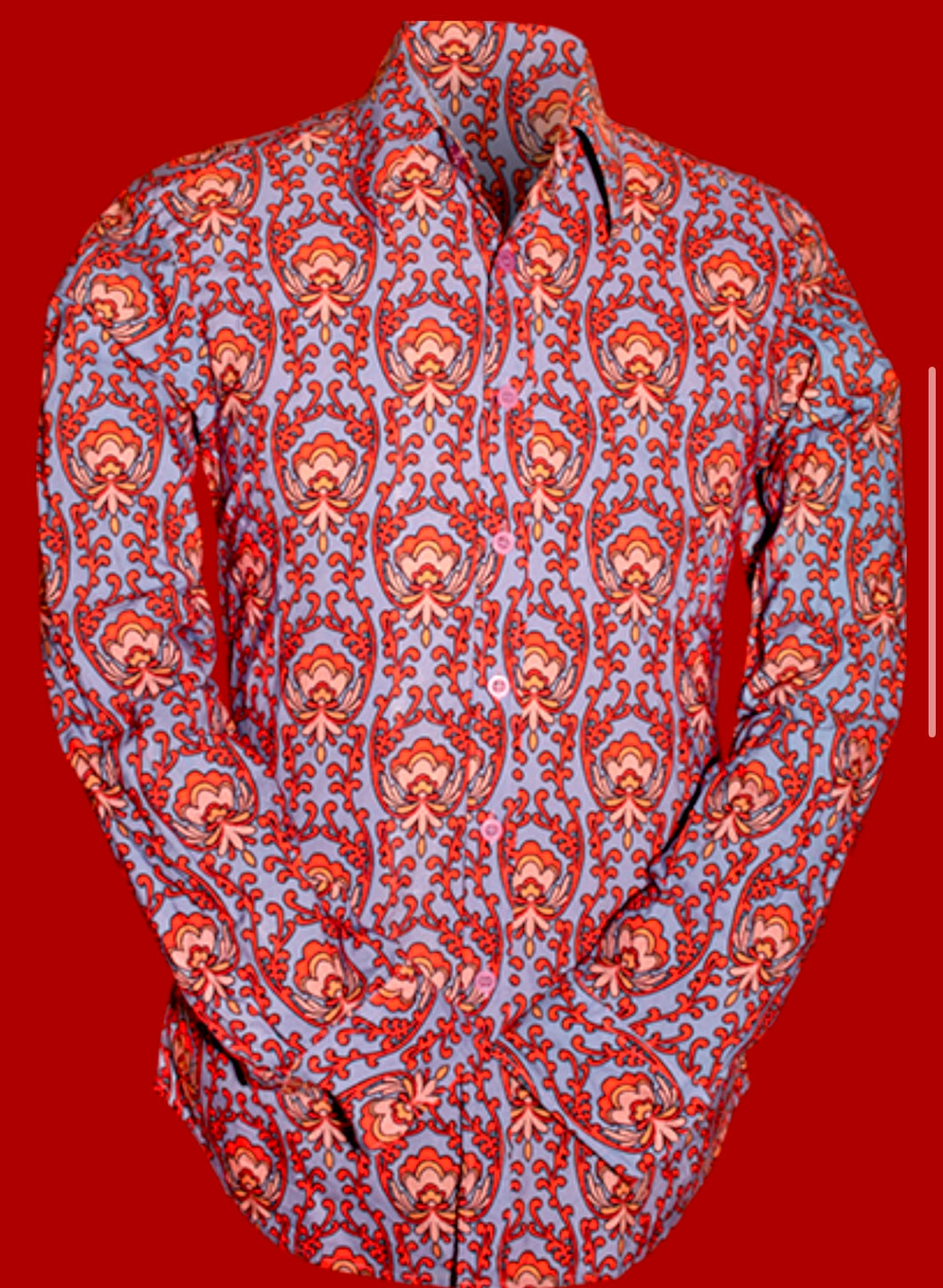 Wallpaper Flower Design Long sleeved Retro 70s Shirt in lilac-Blue