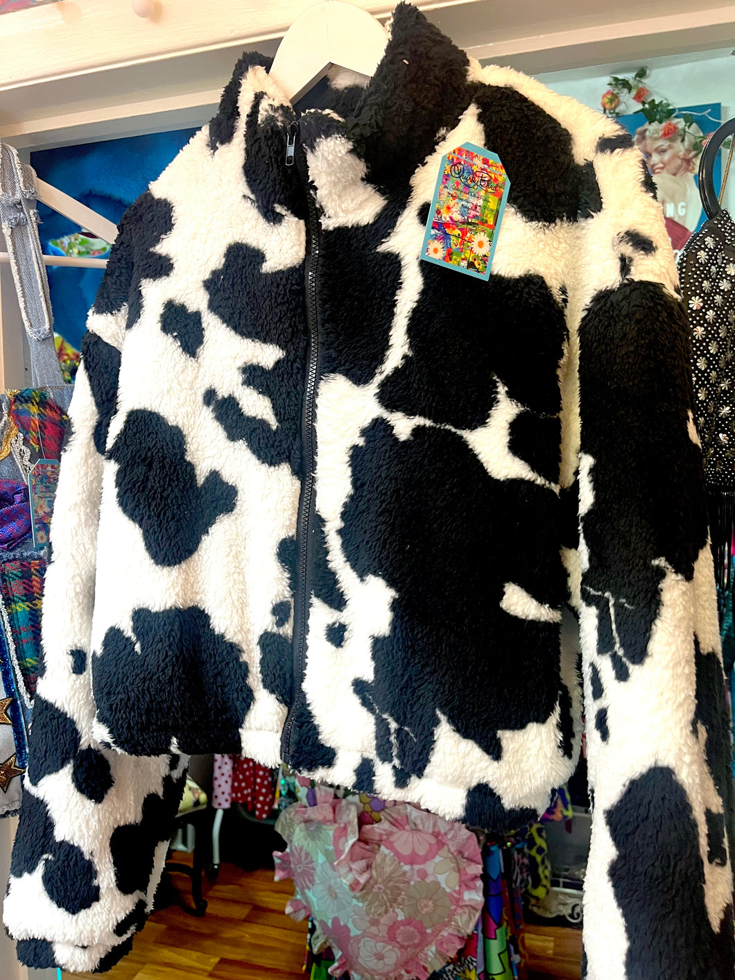 Cow Print Faux Fur Bomber Style jacket