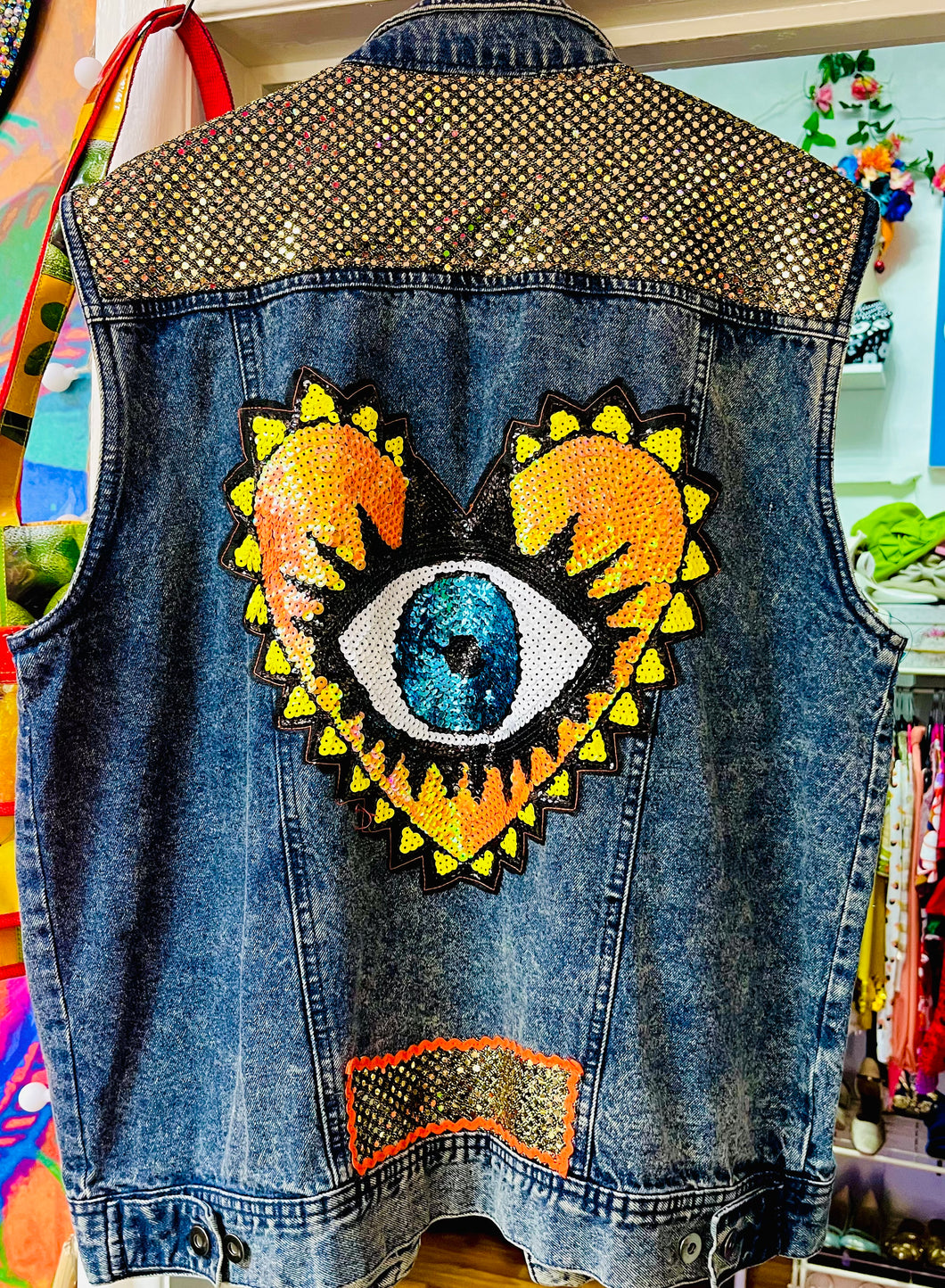 QuirkyBird Custom ReWorked Denim Oversize Waistcoat… Sequin Heart