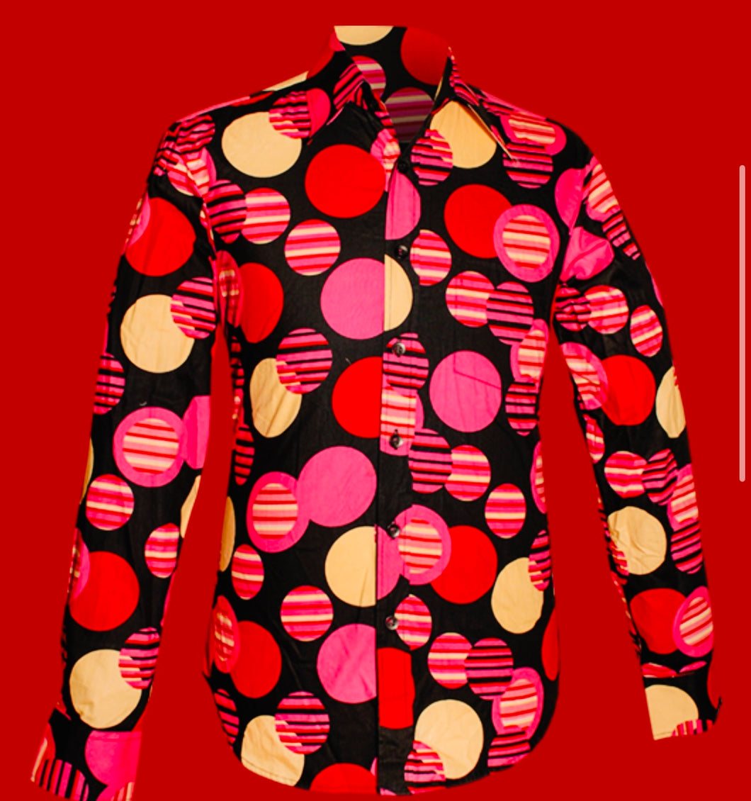 Cone of Light Design Long Sleeved Retro 70s style shirt in Black-Red -Rose