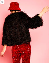 Load image into Gallery viewer, Black Knitted Bamboo Red Heart Sequin &amp; Faux Mongolian Fur Jacket
