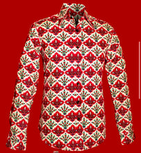 Load image into Gallery viewer, Flowers in the Tile Design long sleeved Retro 70s style shirt in creme-Red-Black

