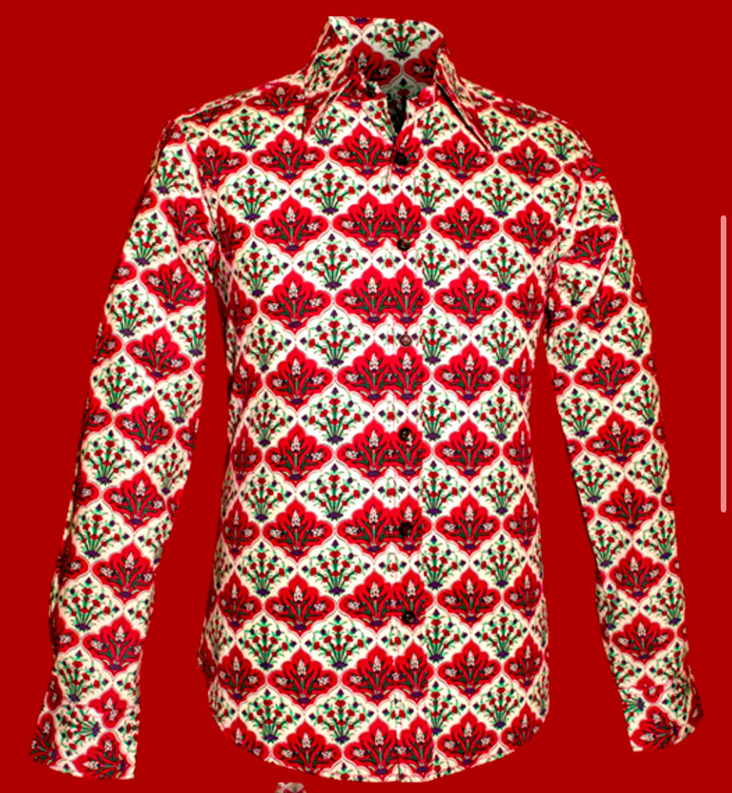 Flowers in the Tile Design long sleeved Retro 70s style shirt in creme-Red-Black