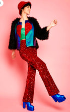 Load image into Gallery viewer, Black Knitted Bamboo Red Heart Sequin &amp; Faux Mongolian Fur Jacket
