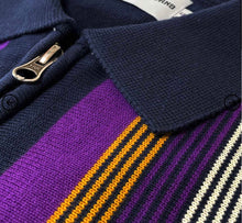 Load image into Gallery viewer, Madcap Capitol 60s Mod Stripe Knit Zip Polo Shirt in Navy Blazer
