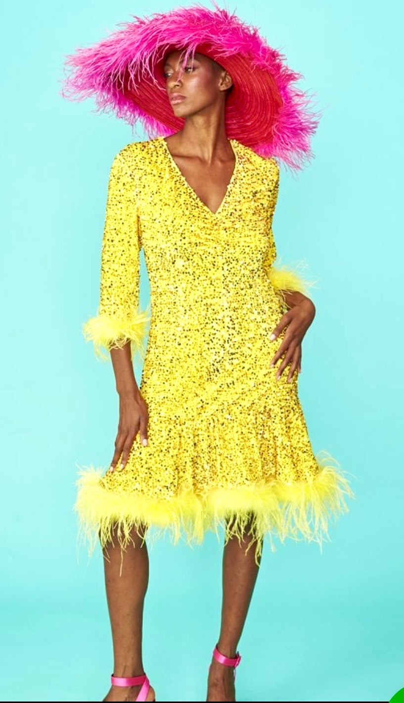 Yellow Sequin Skater Dress with Feather edging.