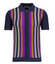 Load image into Gallery viewer, Madcap Capitol 60s Mod Stripe Knit Zip Polo Shirt in Navy Blazer

