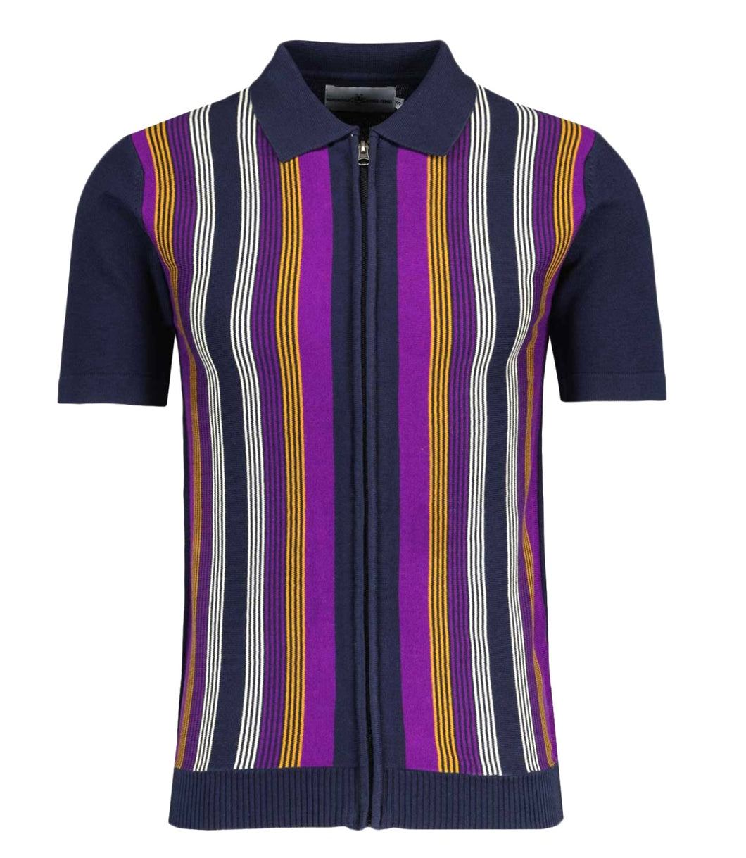Madcap Capitol 60s Mod Stripe Knit Zip Polo Shirt in Navy Blazer