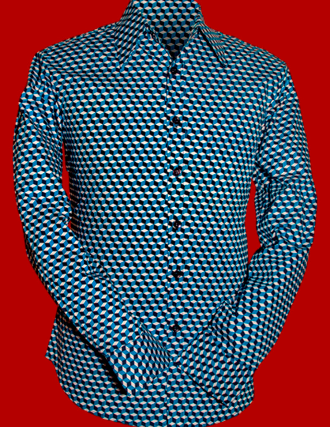 Stairs design Long Sleeved Retro 70s Cotton Shirt (navy,Blue, light blue)