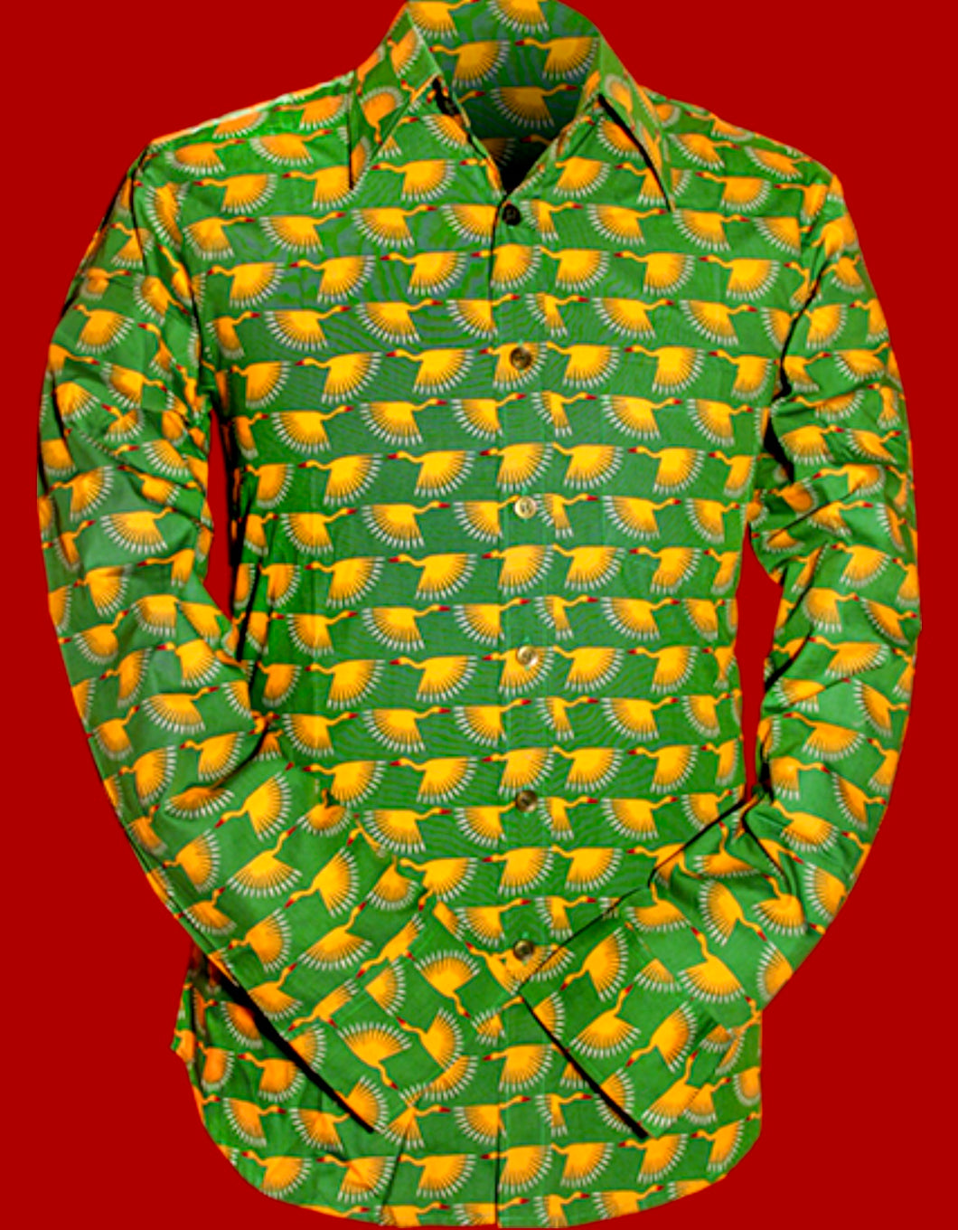 Graphical Bird design long Sleeved Retro 70s Cotton Shirt (Green/Yellow)