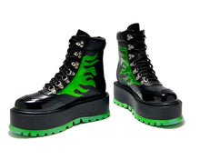 Load image into Gallery viewer, Cha Cha Cha Green Holographic Flame Boots
