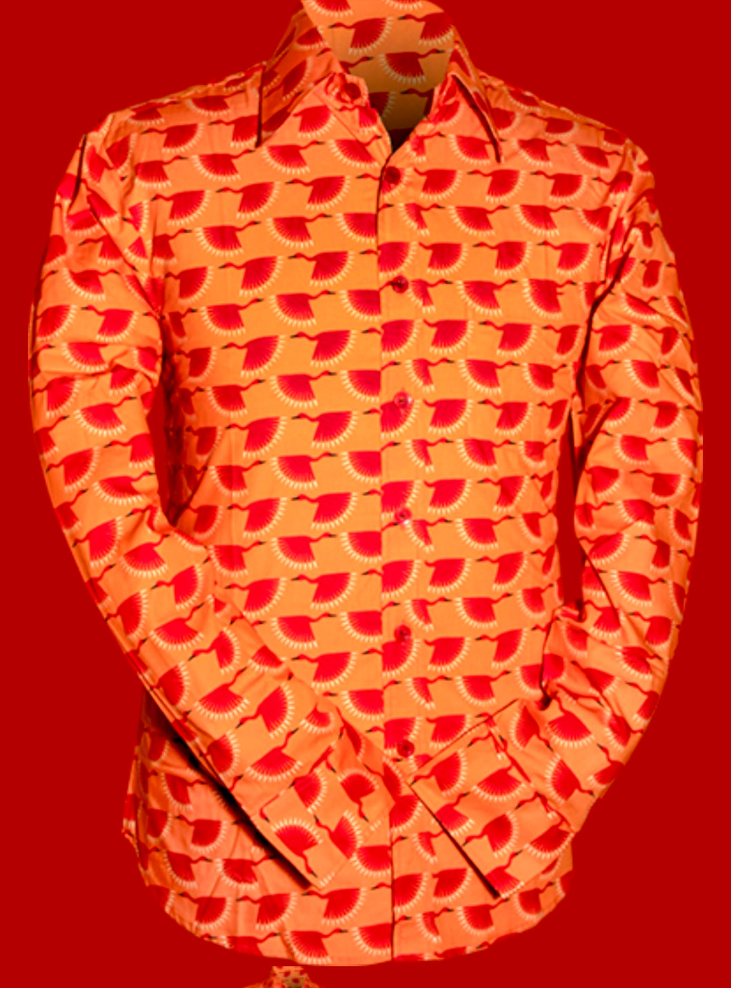 Graphical Bird design Long Sleeved Retro 70s Cotton Shirt (Orange/Red)