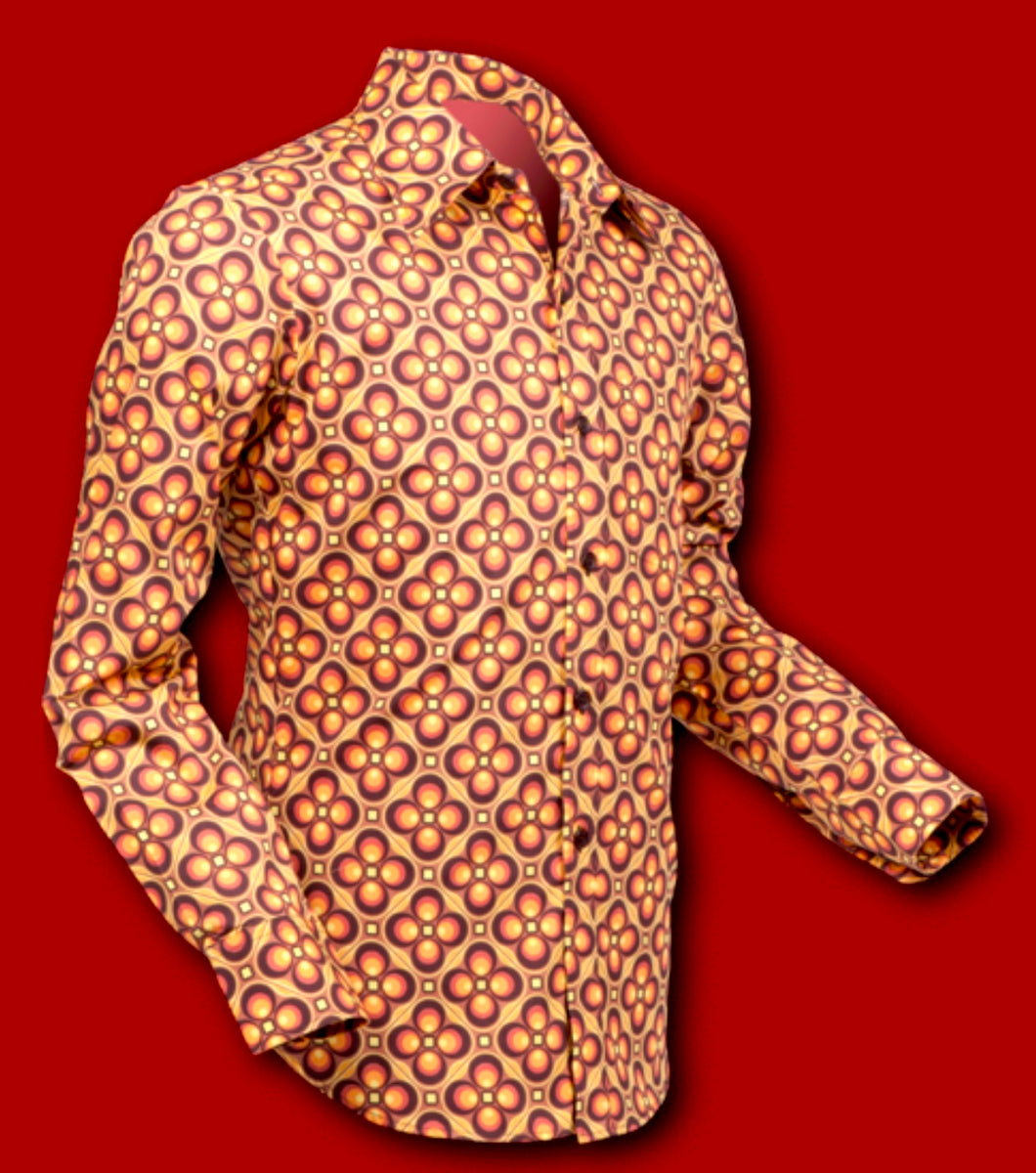 Dotsgrid design long sleeved Retro 70s style shirt in Brown & Yellow