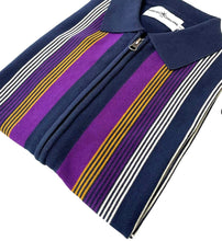 Load image into Gallery viewer, Madcap Capitol 60s Mod Stripe Knit Zip Polo Shirt in Navy Blazer
