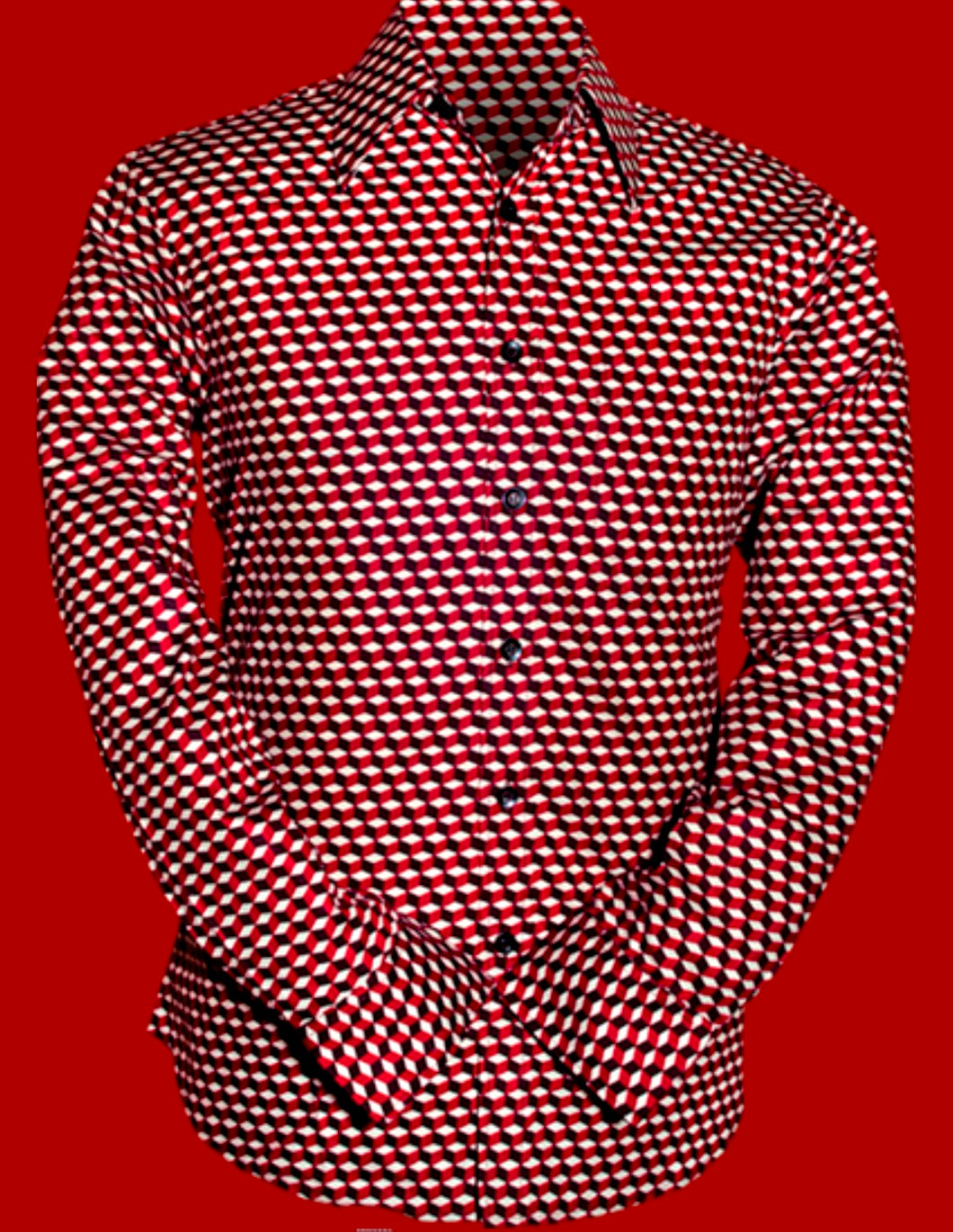 Stairs design Long Sleeved Retro 70s Cotton Shirt (Red Grey Black)