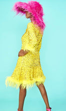 Load image into Gallery viewer, Yellow Sequin Skater Dress with Feather edging.
