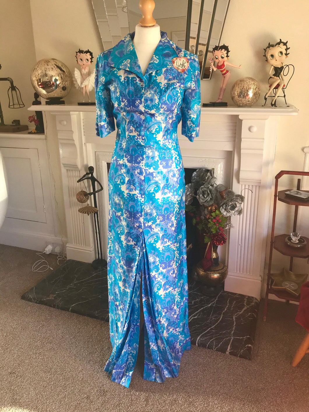 Vintage Handsewn China Blue & White Floral Silk Maxi Dress, Size 10