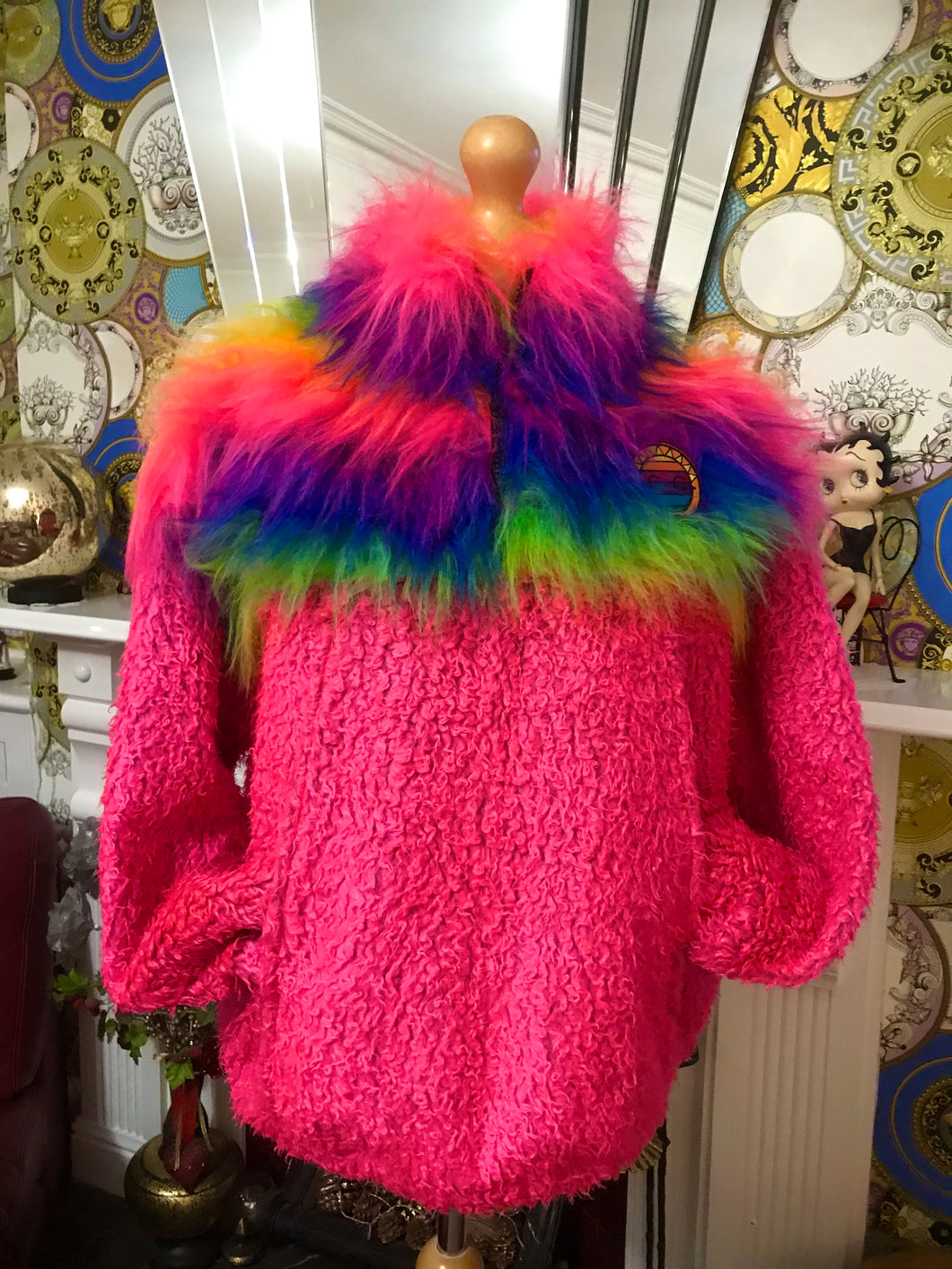 Get Crooked, Custom Made Half zip Fleece. Design Pink Teddy with Rainbow Fluffy fleece.