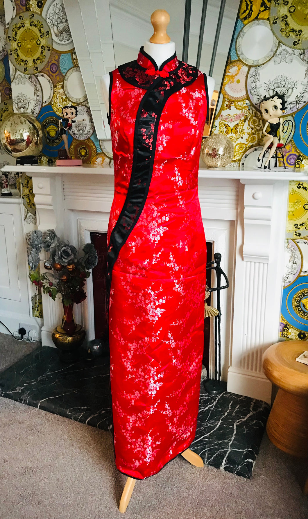 Oriental Style Red & Black Satin Maxi Dress