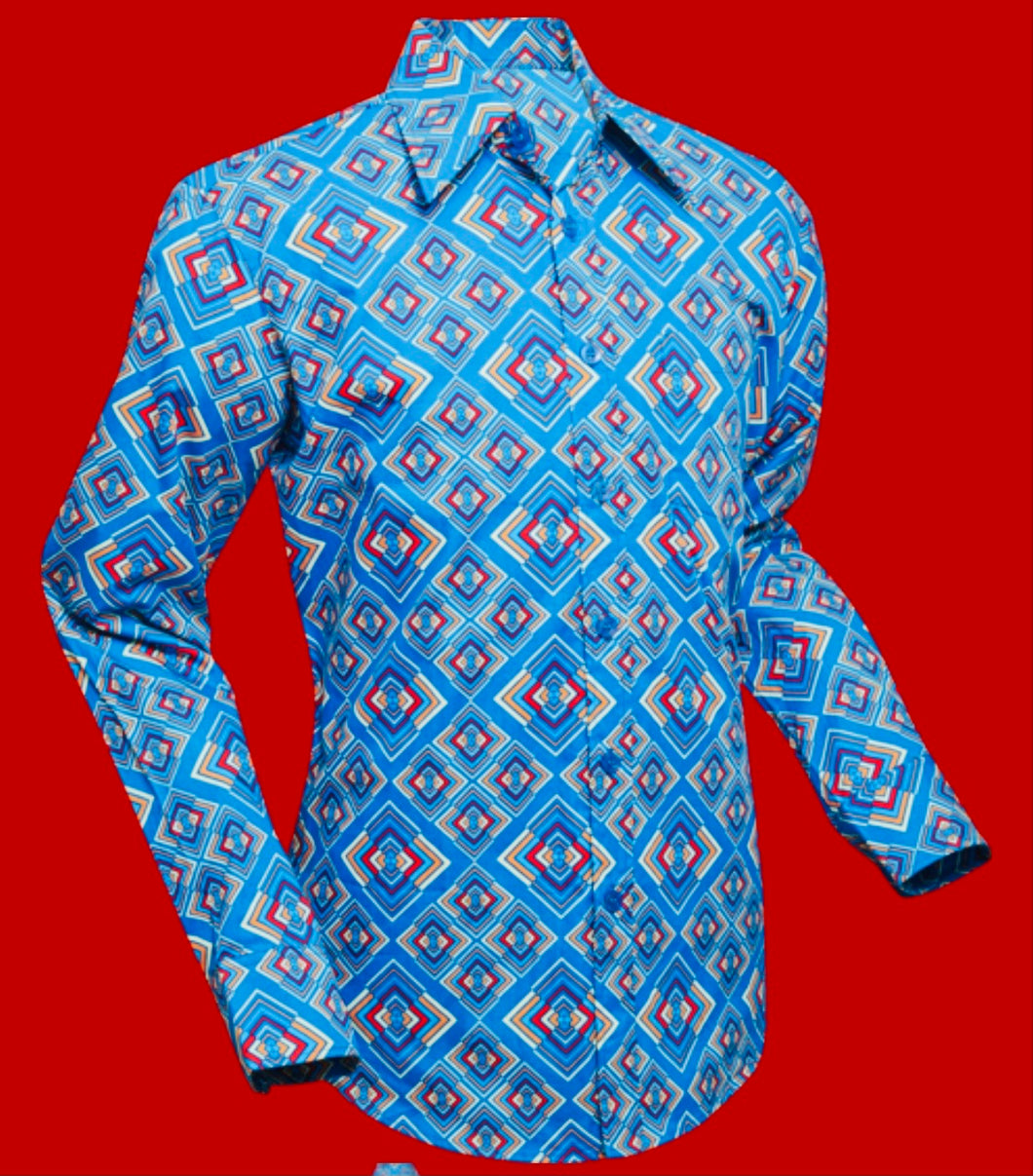 Rhombus design long sleeved Retro 70s style shirt in Turquoise