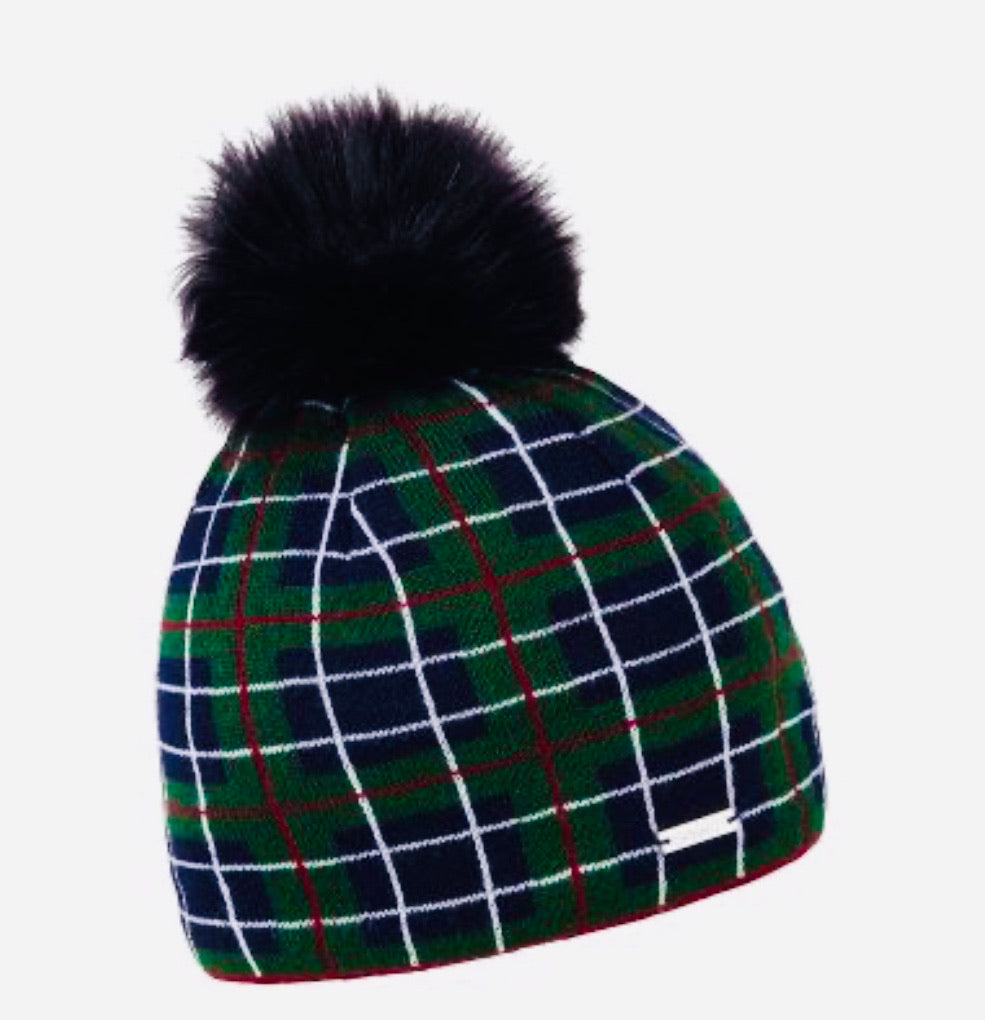 Fleece Lined Fluffy Pom Hat - Design Tartan & Black Pom