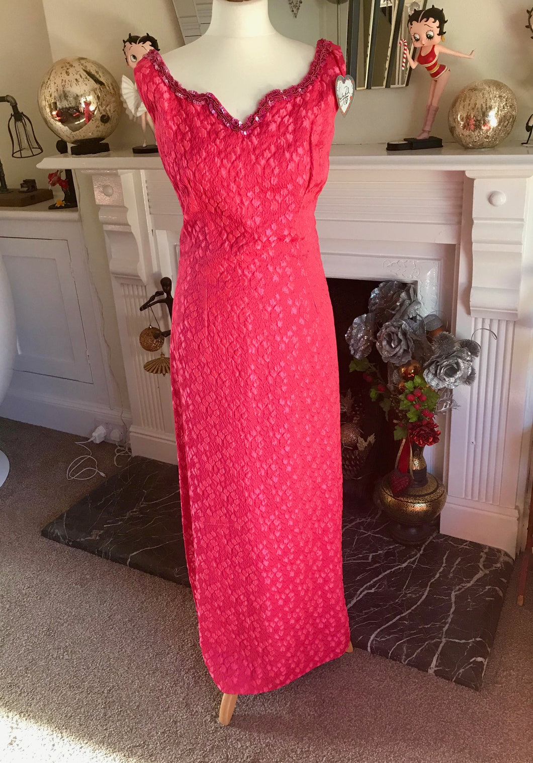 Vintage 1960s Stunning Silk Quilted Cerise Pink Occasion Maxi Dress, Size 10