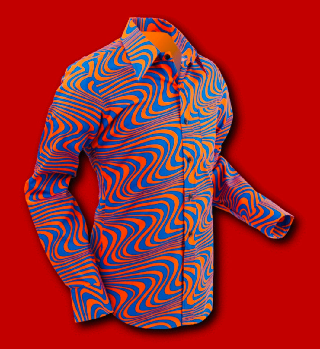 Wavyline design long sleeved Retro 70s style shirt in Orange & Blue