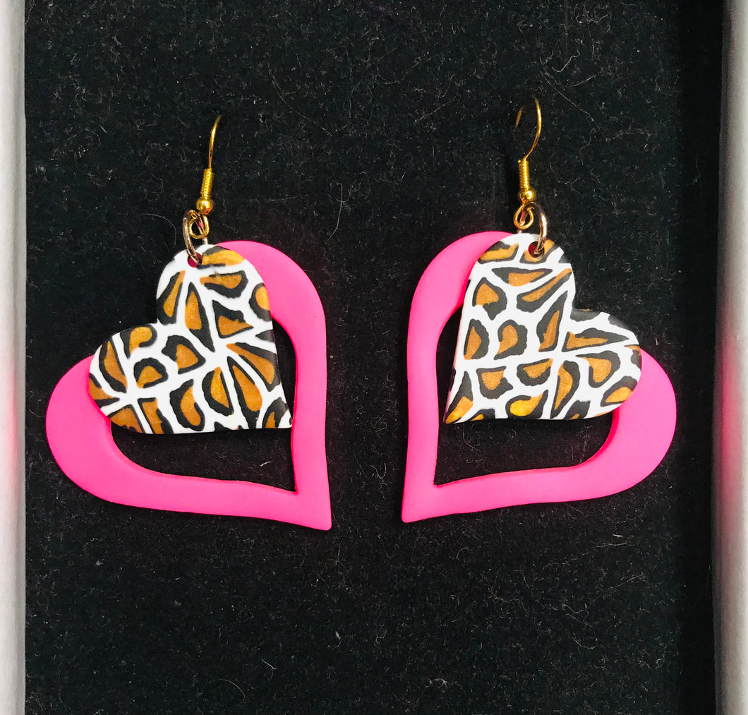 Small Pink & Leopard Heart Earrings