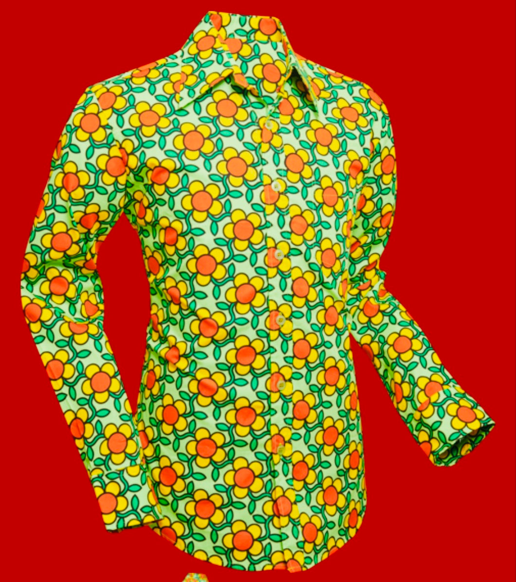Flowergrid design long sleeved Retro 70s style shirt in Green