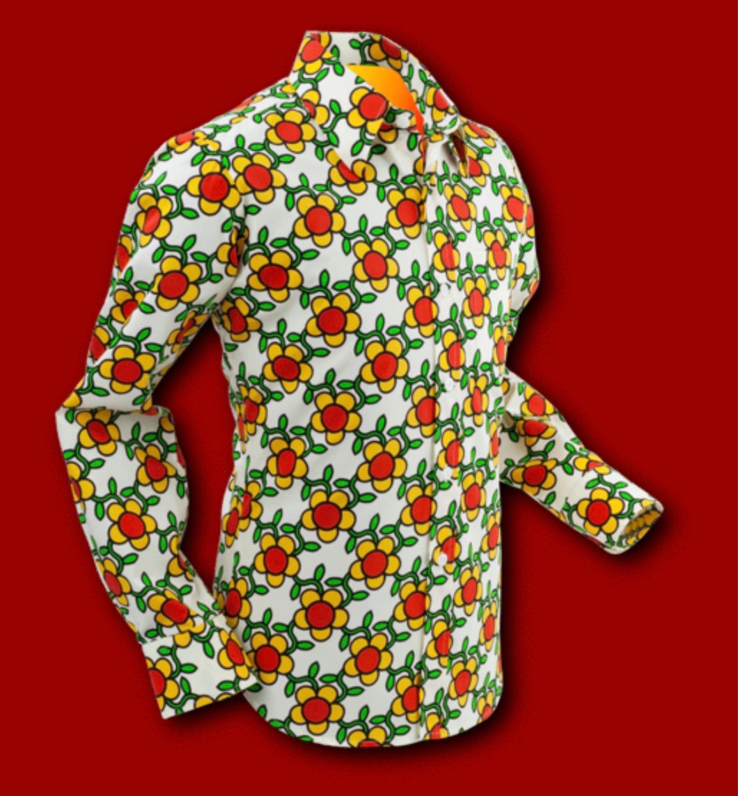 Flowergrid design long sleeved Retro 70s style shirt in Crème