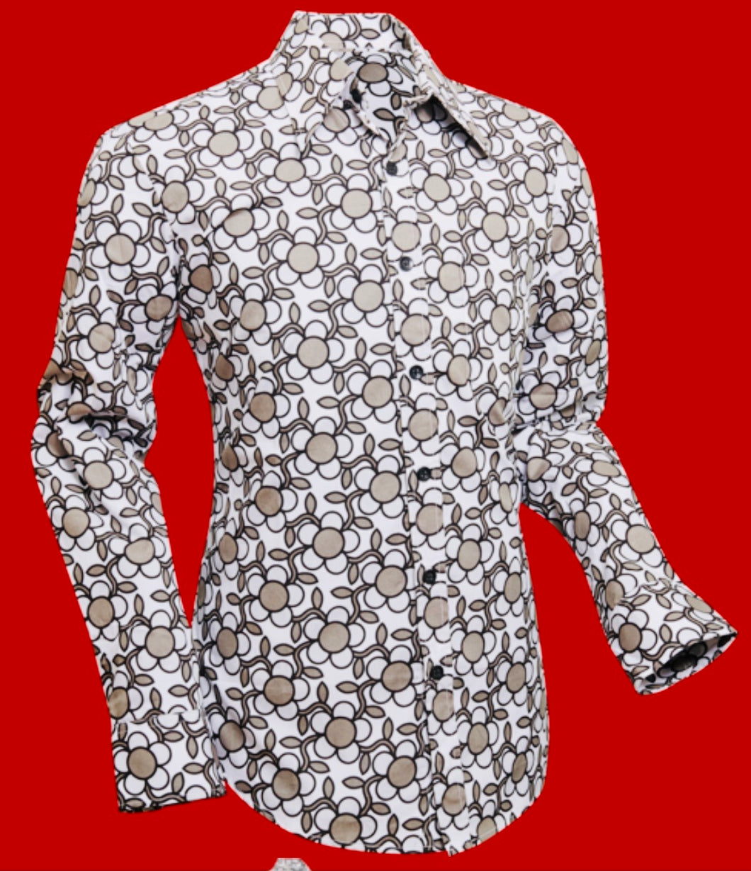Flowergrid design long sleeved Retro 70s style shirt in Grey