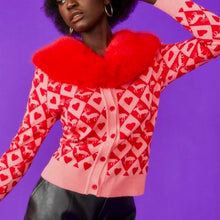 Load image into Gallery viewer, Jayley Collection Love Heart cardigan with Red Faux Fur Collar
