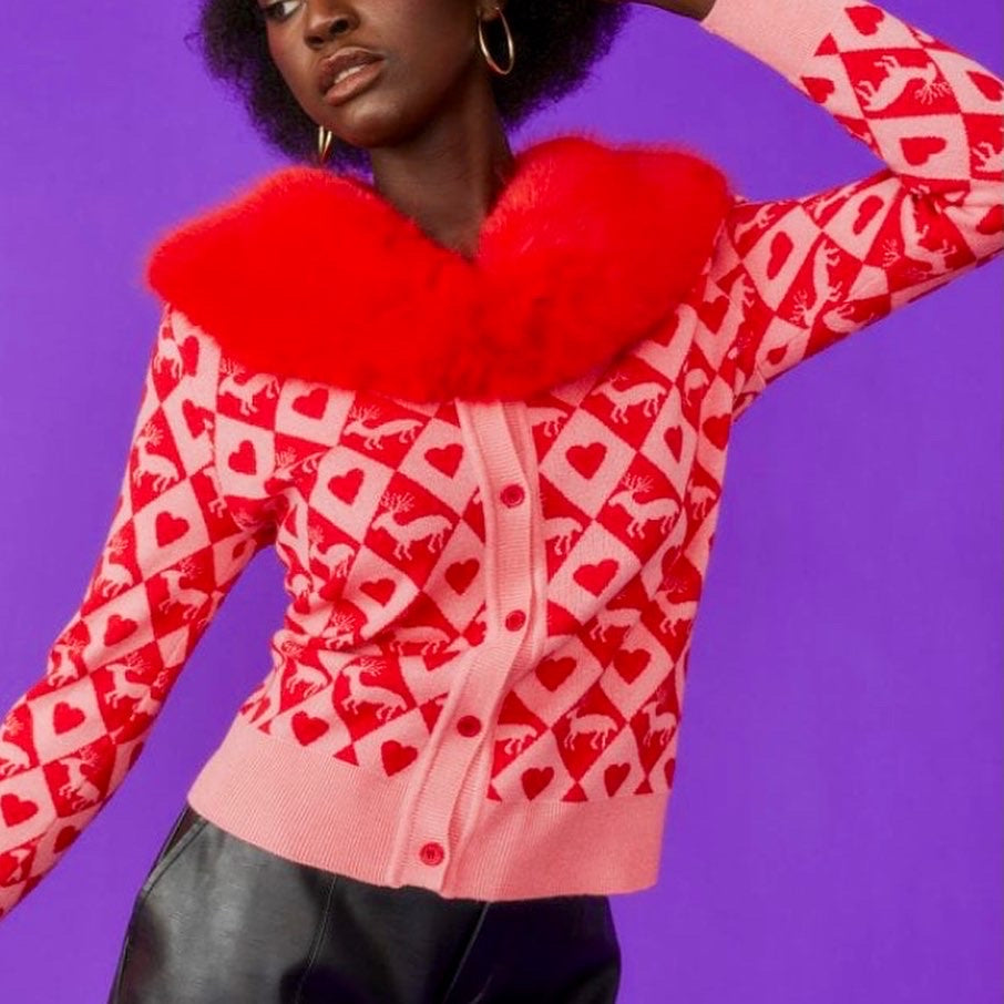 Jayley Collection Love Heart cardigan with Red Faux Fur Collar