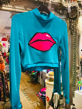Load image into Gallery viewer, An Original Leroy Sparkly Electric Blue Monster Lips Crop long sleeved  Top
