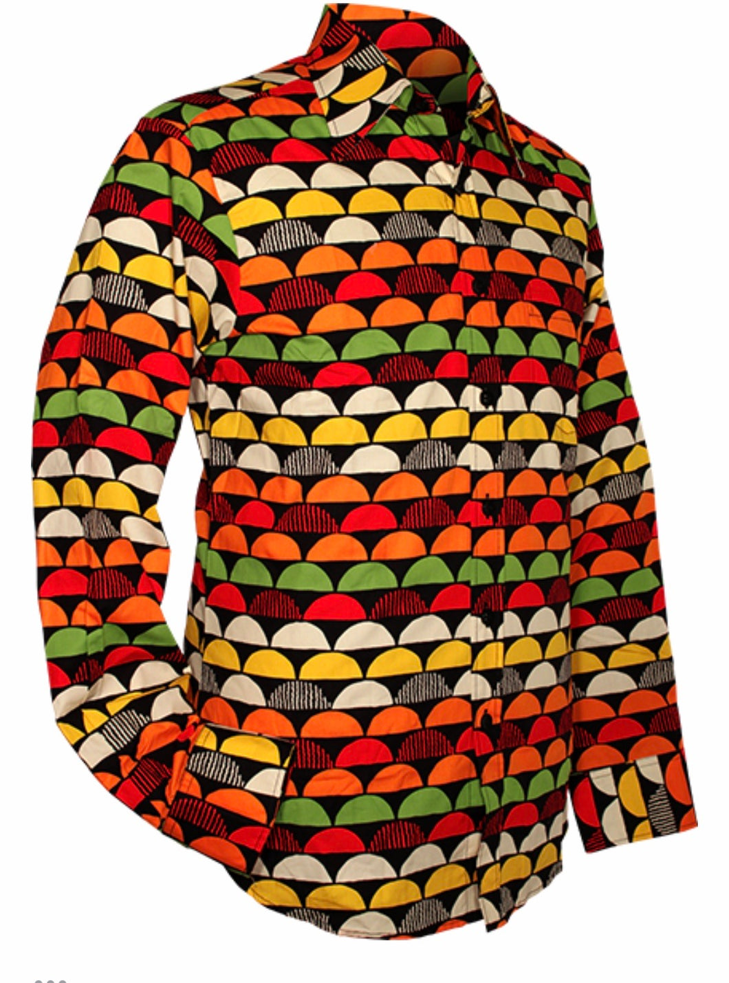 Sunset design long sleeved Retro 70s style shirt in Black & Orange